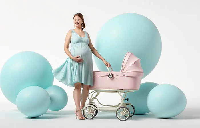 Pregnant Women with Baby Stroller 3D Picture Art Illustration